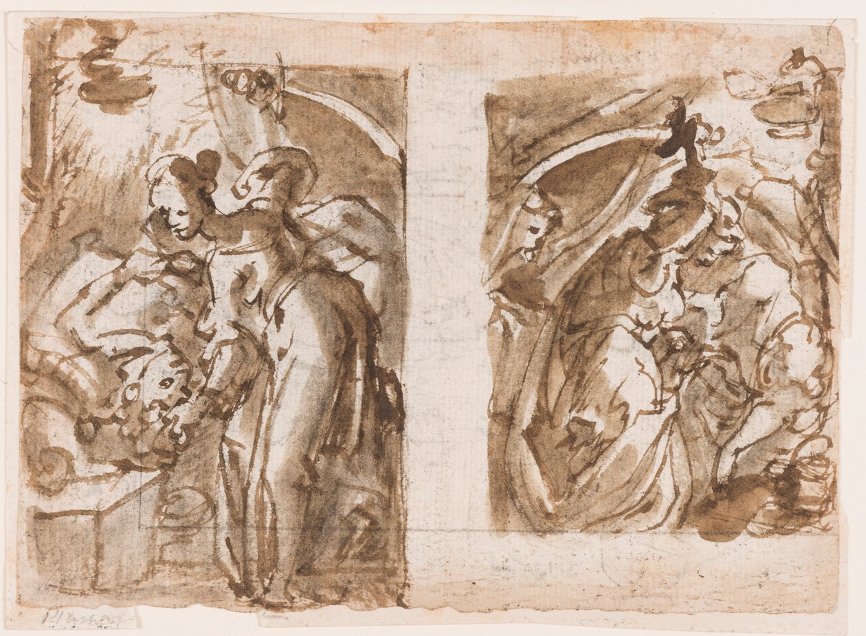 Recto: Dva pohledy na Judith zabíjející Holoferna; Verso: Fontána ve Fiesole od Jan van der Straet, called Stradanus