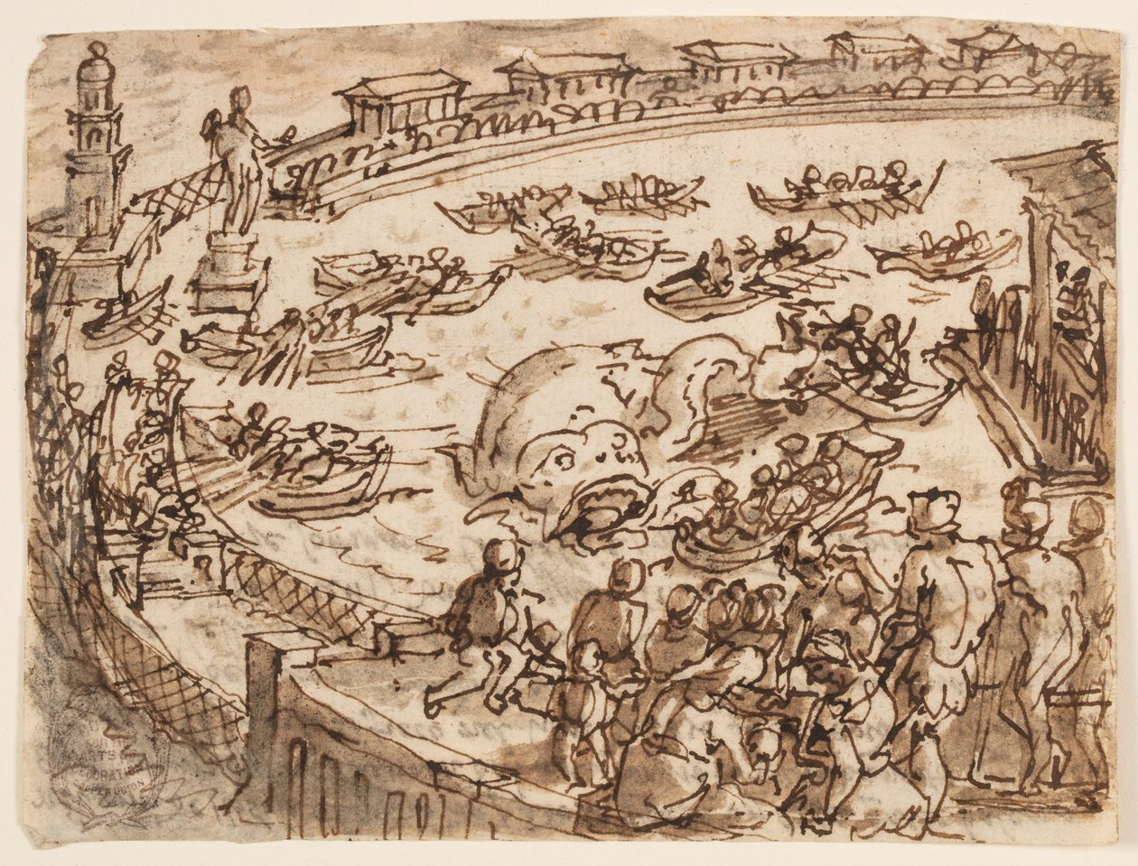 Recto: Lov na velrybu císařem Claudiem v přístavu v Ostii; Verso: nápis týkající se přírodní historie Plinia Staršího, kniha 9, kap. 5 od Jan van der Straet, called Stradanus