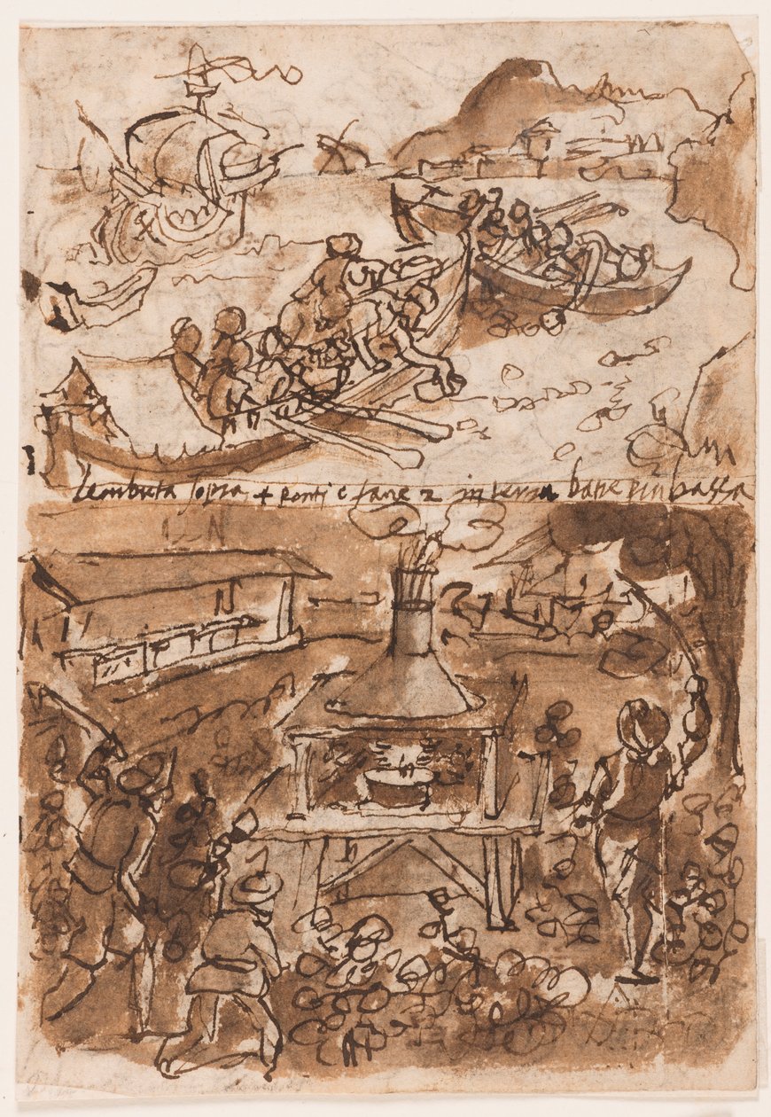 Recto, nahoře: Sbírání bitumenu, z Pliniovy přírodní historie, kniha 35, kap 51; Recto, dole: Chytání nočních můr. Verso, nahoře: Buffalo Hunt; Verso níže: Lov korálů na Sicílii, z přírodní historie Plinia Staršího od Jan van der Straet, called Stradanus