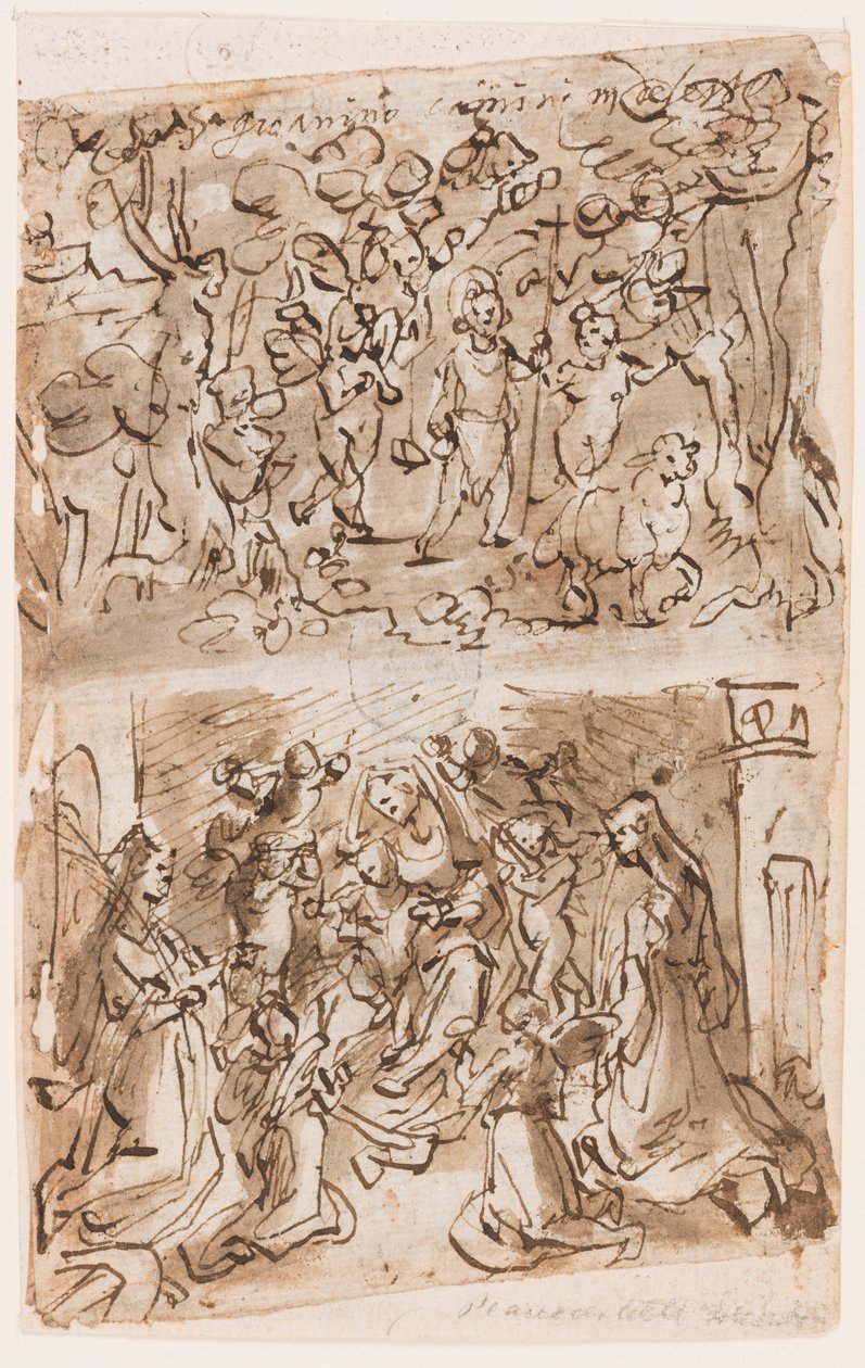 Recto, nahoře: Mladý sv. Jan Křtitel vedený anděly v poušti; Recto, dole: Sacra Conversazione se sv. Barbory a Kateřiny; Verso, nahoře: Ukřižování; Verso níže: Kristus uzdravuje ochrnuté poblíž jezírka Bethesda od Jan van der Straet, called Stradanus