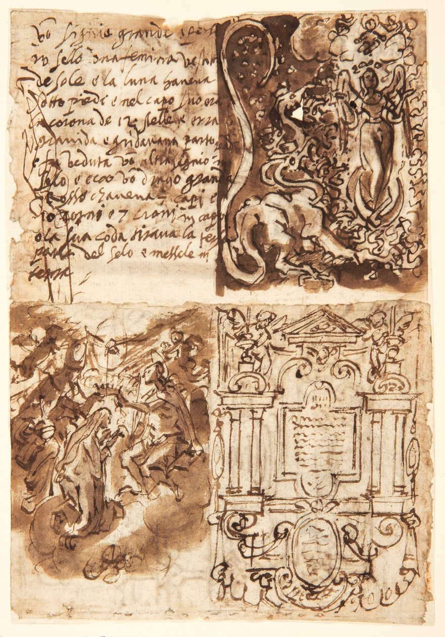 Recto, vlevo nahoře: pasáž týkající se ženy z Apokalypsy z Knihy zjevení; Recto, vpravo nahoře: Žena z Apocalyse; Recto, vlevo dole: Frontispis k tiskové sérii Život Panny Marie; Recto vpravo dole: Korunovace Viri od Jan van der Straet, called Stradanus