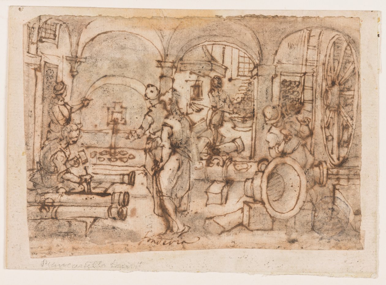 Vynález střelného prachu, návrh pro "Pulvis Pyrius", pl. 3 v tiskové sérii Nova Reperta (Nové vynálezy moderní doby). od Jan van der Straet, called Stradanus