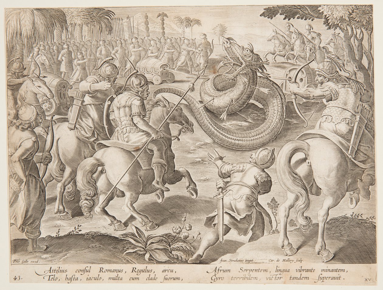 Římský konzul Attilius Regulus v boji s obřím africkým hadem, deska 25 ze série Divoké hony od Jan van der Straet, called Stradanus