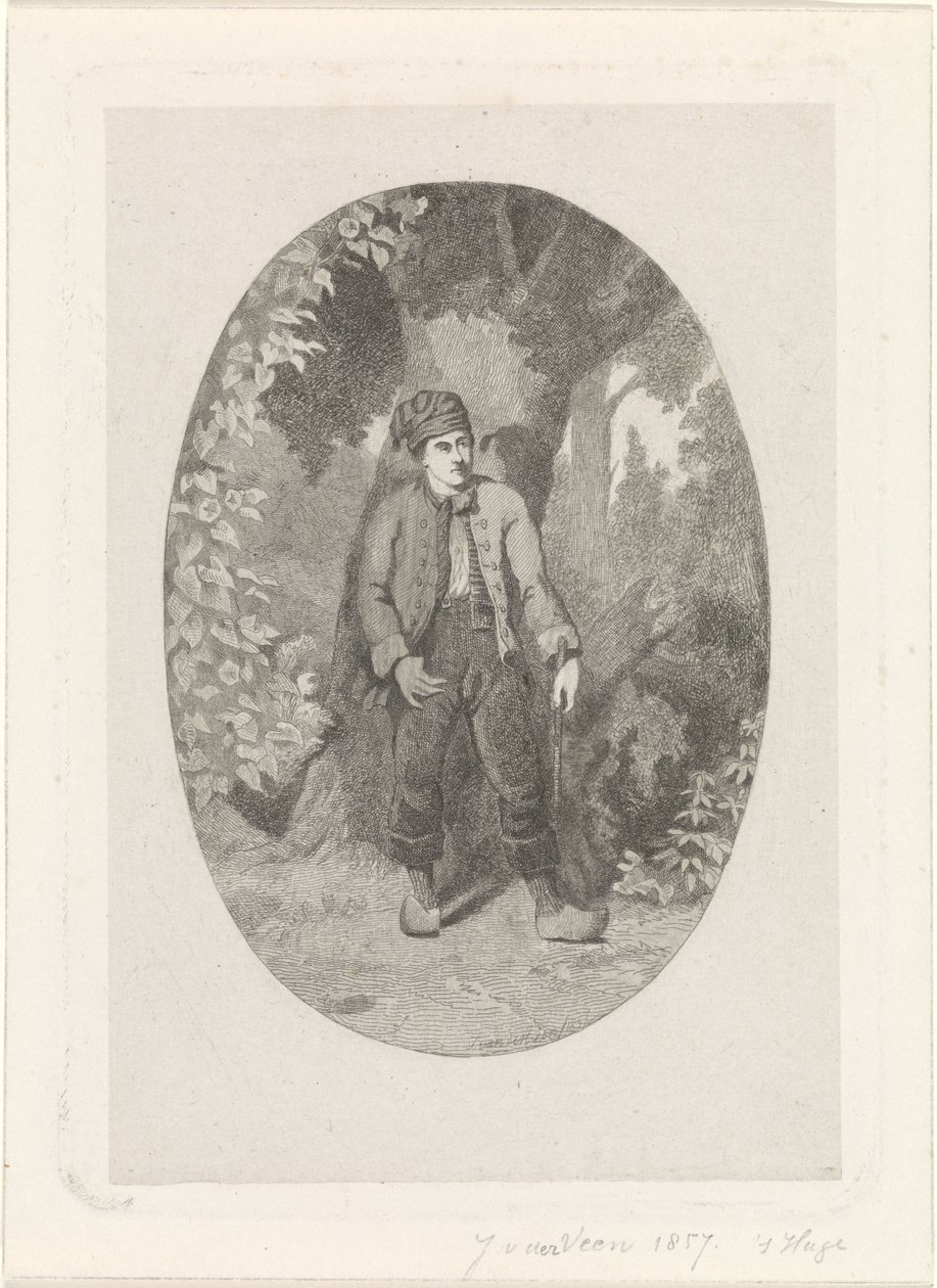 Muž u stromu v lese od Jan van der Veen (prentmaker)