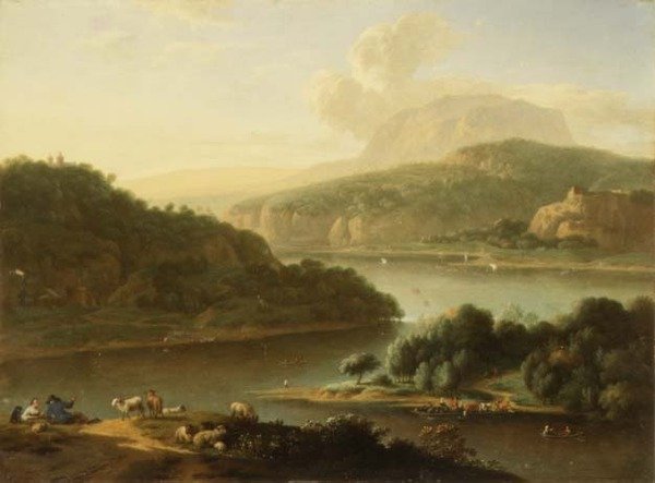 Říční krajina s pastýřem a selkou v popředí od Jan van der the Younger Meer