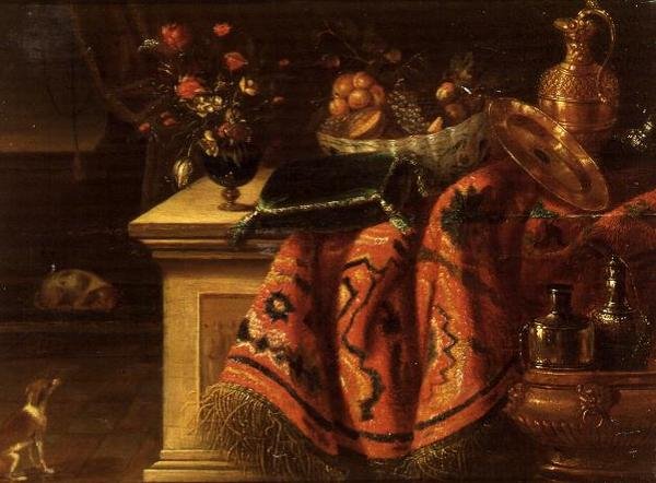 Zátiší s vázou s květinami, ovocem v misce, stříbrně zlaceným džbánem a talířem a polštářem od Jan van the Elder (follower of) Kessel