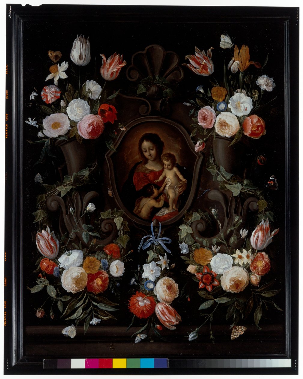 Kamenná kartuše zdobená květinami a motýly od Jan van the Elder Kessel