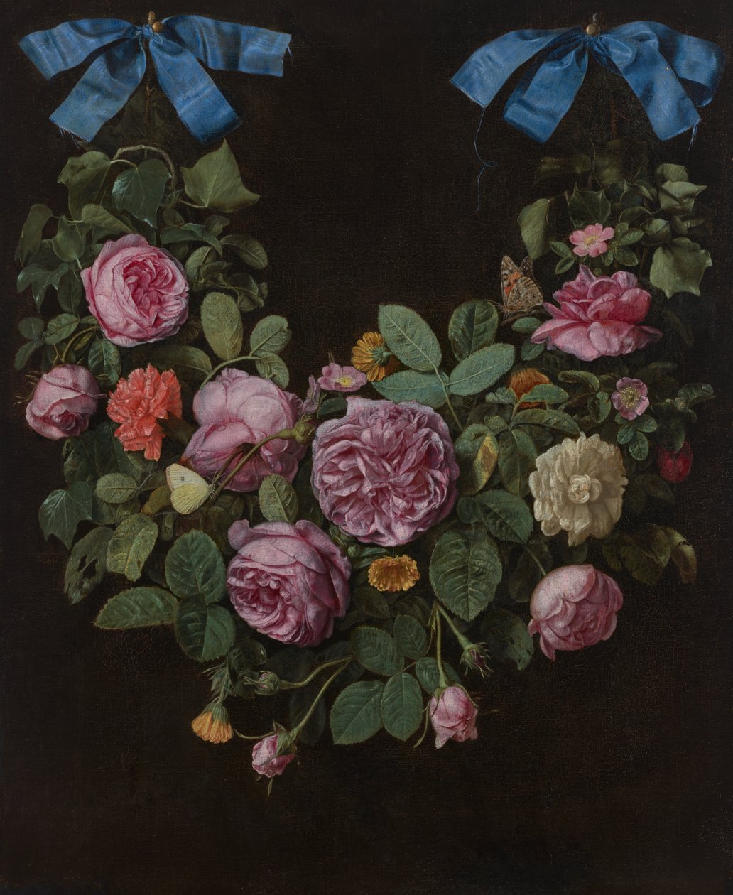 Vlna růží zavěšená na modrých stuhách (olej na plátně) od Jan van the Elder Kessel