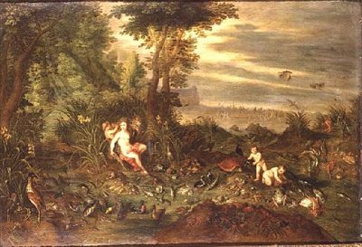 Alegorie vody: mořská víla u rákositého pobřeží s rybami, mušlemi a ptáky poblíž, Triumf Amphitrite za nimi od Jan van the Elder Kessel