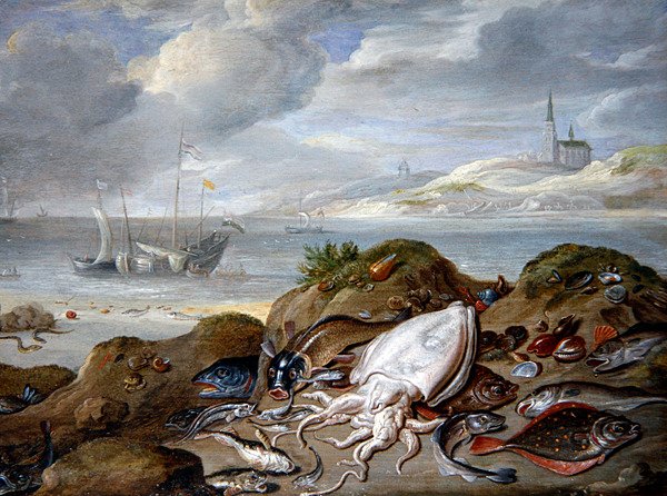 Krajina v ústí řeky s rybami na duně (olej na mědi) od Jan van the Elder Kessel