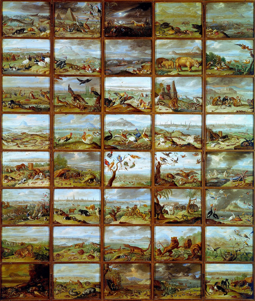 Zvířata Tabulka zobrazující oddíly odpovídající různým druhům zvířat. Obraz Jana Van Kessela (1626-1679) Madrid 17. století, Muzeum Prado od Jan van the Elder Kessel