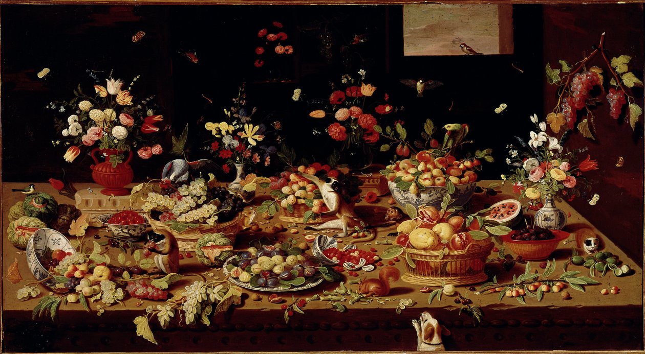 Zátiší s ovocem a květinami Stůl s pokrmy s fíky, švestkami, granátovými jablky, hrozny, broskvemi. Měděná malba Jana Van Kessela (1626-1679) Galleria Doria Pamphilj, Řím - Zátiší květin, ovoce a zvířat, od Jana Van Kessela (1626-79). od Jan van the Elder Kessel