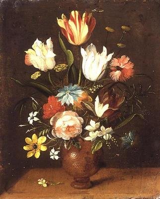 Tulipány, růže, růžové a další květiny ve váze od Jan van the Elder Kessel