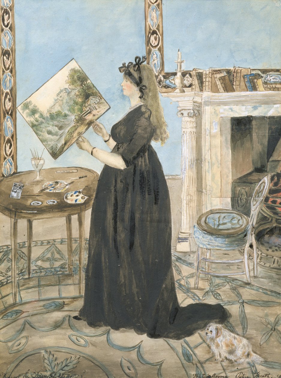 Portrét Elizabeth Anne Fordyce (maluje akvarelové krajiny) v Little Sitting Room v Putney Hill, 1796 (wc s perem a inkoustem na papíře) od Jane Maxwell Fordyce