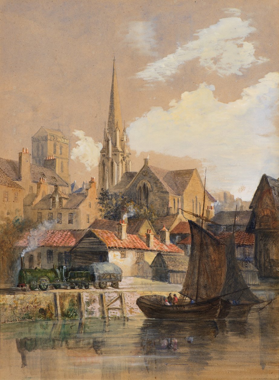 Pohled na Dundee z Shore Showing Tower (zdarma) kostela svatého Pavla a Old Steeple (akvarel) od Jane Stewart Smith
