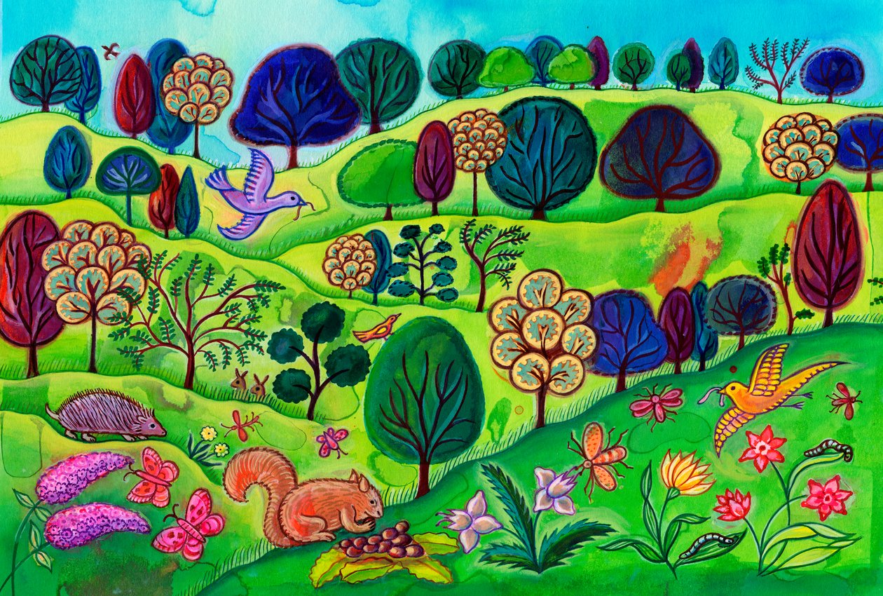 Venkovská krajina s veverkou, 2002 (malba) od Jane Tattersfield