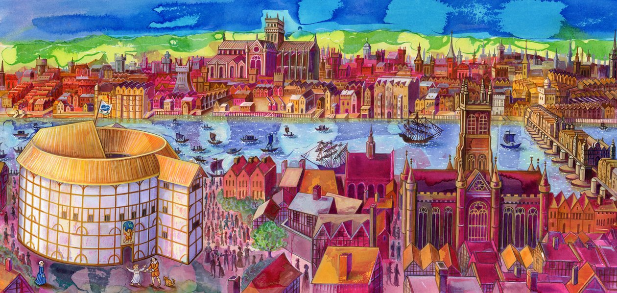 Shakespeares Globe Theatre na Southbank, 2006, (inkoust a kvaš) od Jane Tattersfield