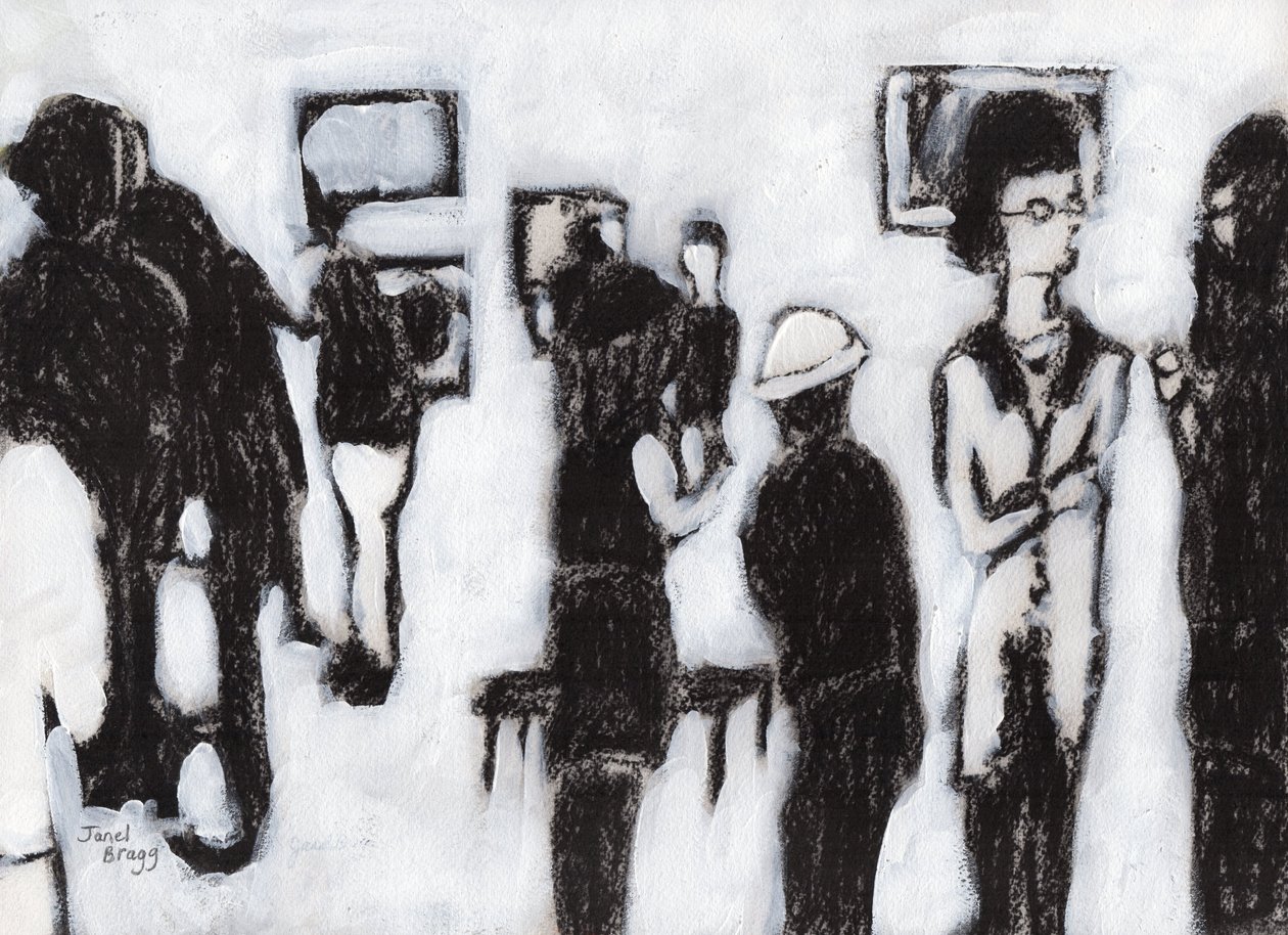 Vernisáž v galerii Uhlem a gessem, cca 2017 (uhel a gesso na papíře) od Janel Bragg