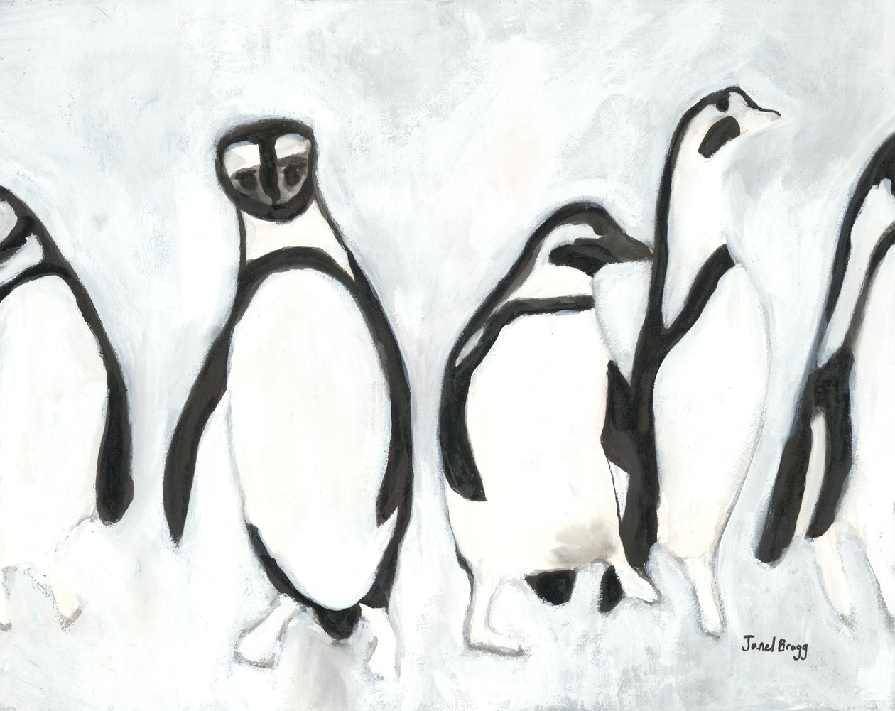 Tučňáci v Zoo Woodland Park, cca 2021 (tuš sumi a gesso na papíře) od Janel Bragg