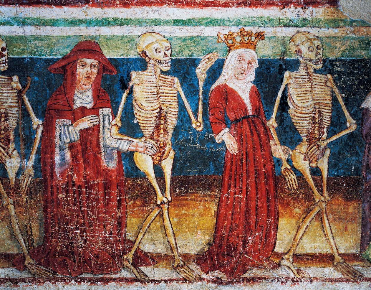 Opevněný kostel Hrastovlje, Kostel Nejsvětější Trojice, Smrt doprovázející královnu a kardinála, Tanec smrti (1490), detail z fresek od Janeze Ize Kastva, Slovinsko od Janez Kastav