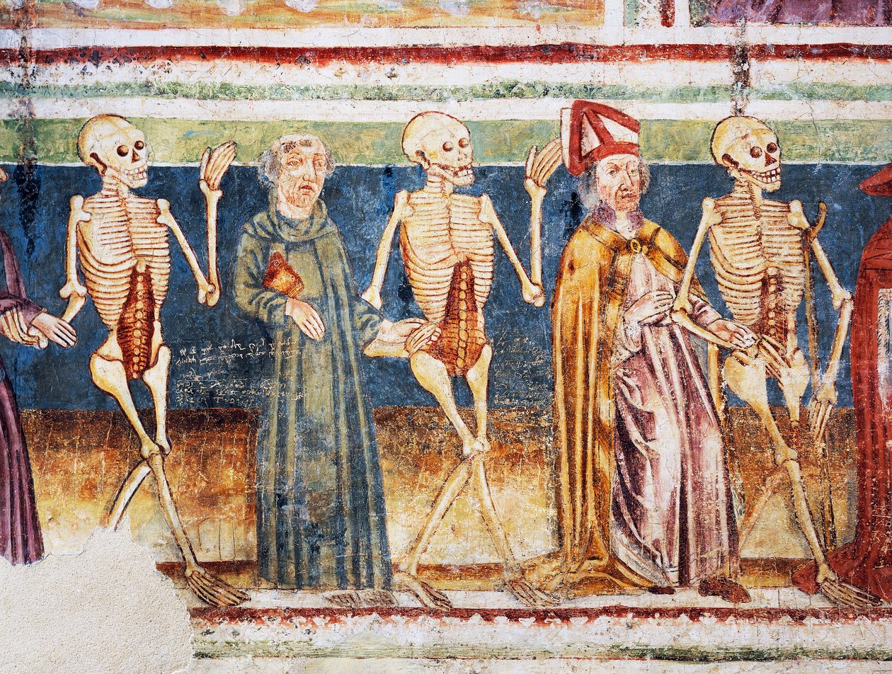 Opevněný kostel Hrastovlje, Kostel Nejsvětější Trojice, Smrt doprovázející biskupa a mnicha, Tanec smrti (1490), detail z fresek od Janeze Ize Kastva, Slovinsko od Janez Kastav