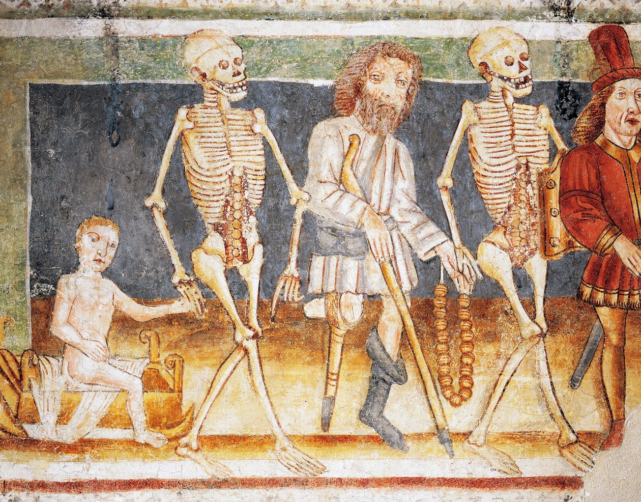 Hrastovlje opevněný kostel, kostel Nejsvětější Trojice, Smrt doprovázející dítě a chudé, Tanec smrti (1490), detail z fresek od Janeze Ize Kastva (1490), Slovinsko od Janez Kastav