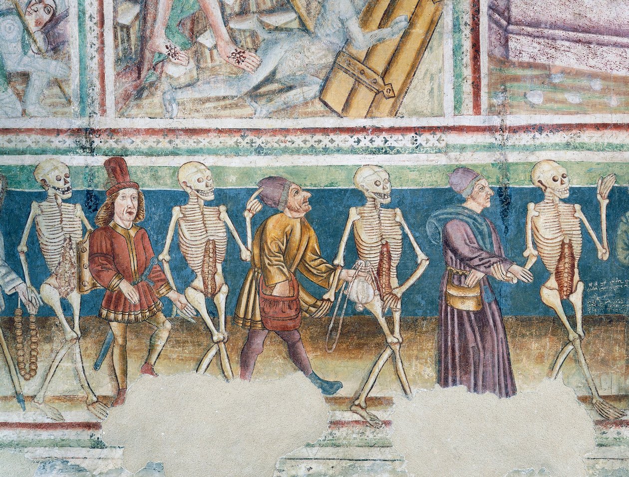 Hrastovlje opevněný kostel, kostel Nejsvětější Trojice, Smrt doprovázející obchodníka a bohatého bankéře, Tanec smrti (1490), detail z fresek od Janeze Ize Kastva, Slovinsko od Janez Kastav