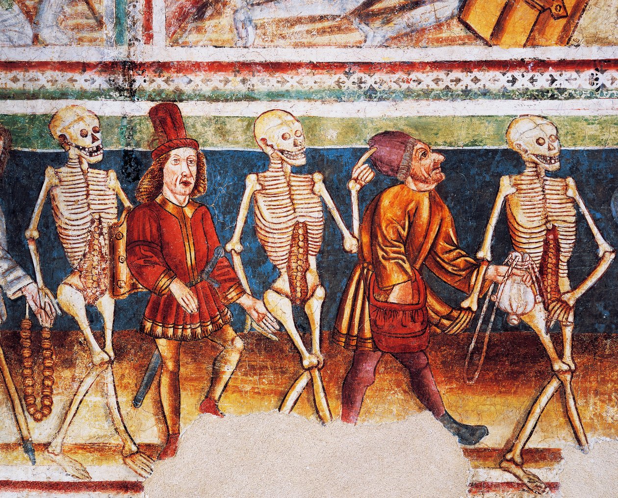 Opevněný kostel Hrastovlje, Kostel Nejsvětější Trojice, Smrt doprovázející obchodníka a bohatého bankéře, Tanec smrti (1490), detail z fresek od Janeze Ize Kastva, Slovinsko od Janez Kastav