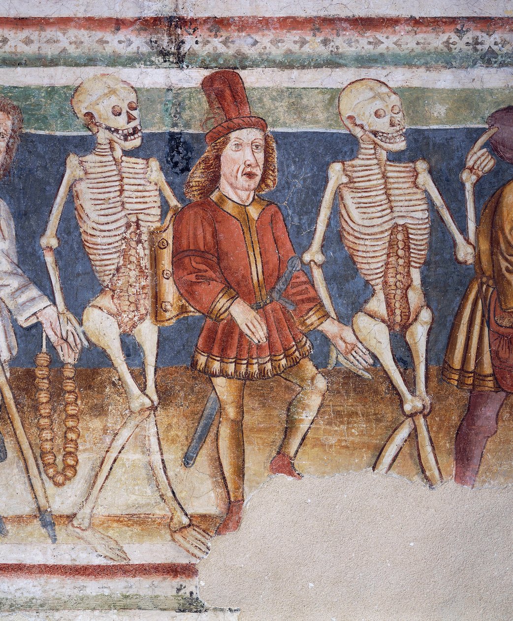 Hrastovlje opevněný kostel, kostel Nejsvětější Trojice, Smrt doprovázející obchodníka a bohatého bankéře, Tanec smrti (1490), detail z fresek od Janeze Ize Kastva, Slovinsko od Janez Kastav