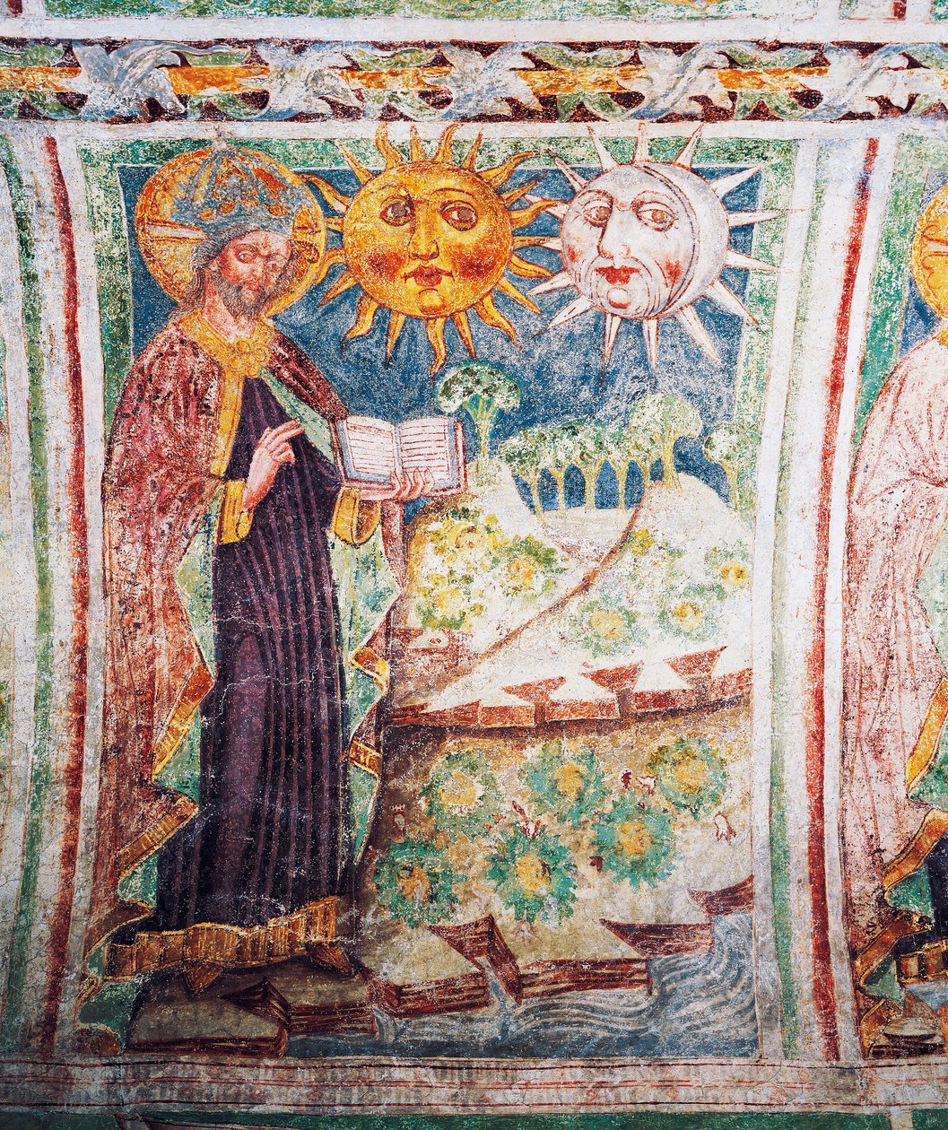 Hrastovlje opevněný kostel, kostel Nejsvětější Trojice, Genesis, Bůh tvoří slunce, měsíc a hvězdy (1490), detail z fresek od Janeze Iz Kastva, Slovinsko od Janez Kastav