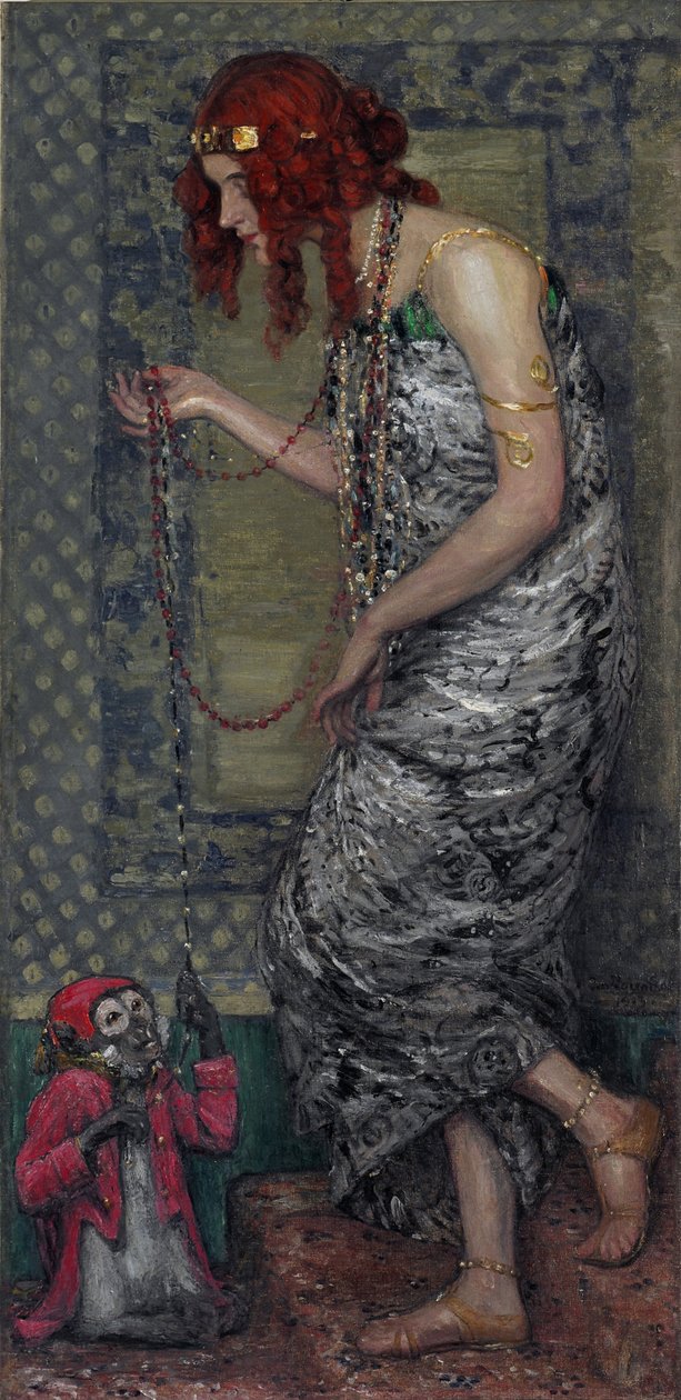 ""La princesse et le singe"" (Princezna a opice) Peinture de Janis Rozentals (1866-1916) - 1913 - Olej na plátně Rozměr 147,5x71 cm Státní muzeum umění Lotyšské republiky, Riga od Janis Rozentals