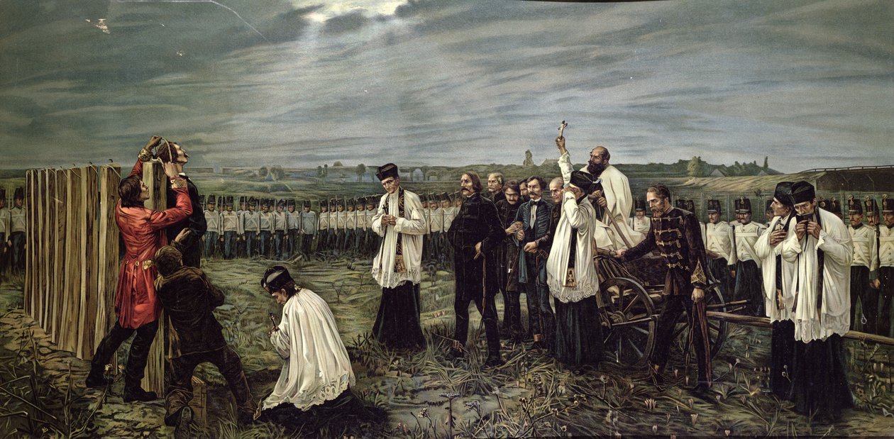 Poprava maďarských důstojníků Rakušany v Aradu, Maďarsko dne 6. října 1849, 1893 (chromolitho) od Janos Thorma