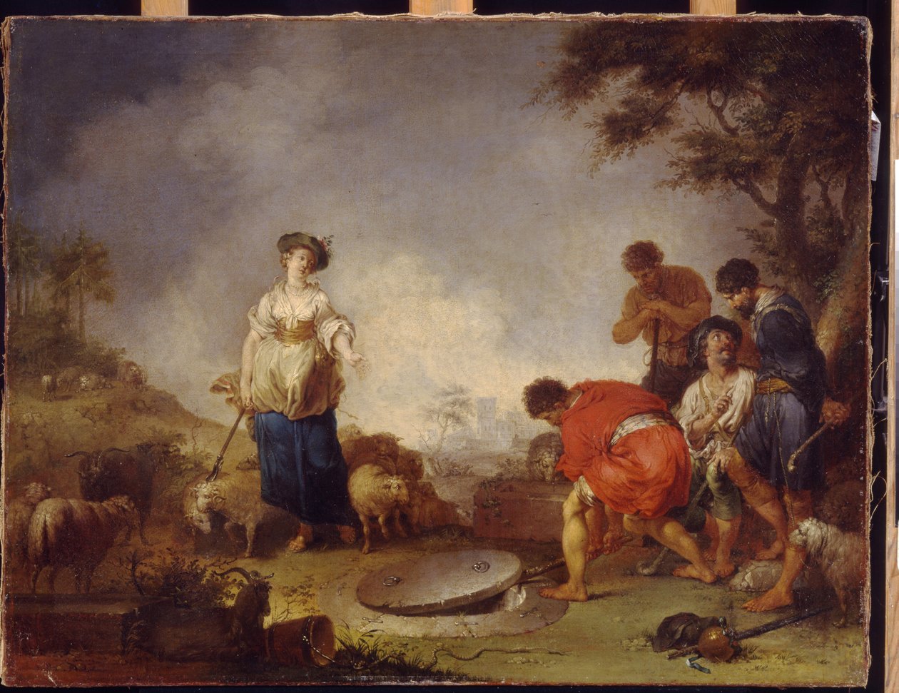 Jacob se u studny setkává s Rachel. Obraz Johanna Rosso Jauarius Zick (1730-1797), olej na plátně od Januarius Zick
