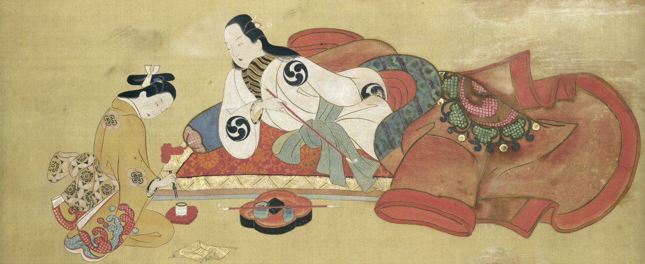 Kouřící muž a jeho sluha (malované hedvábí) od Japanese School