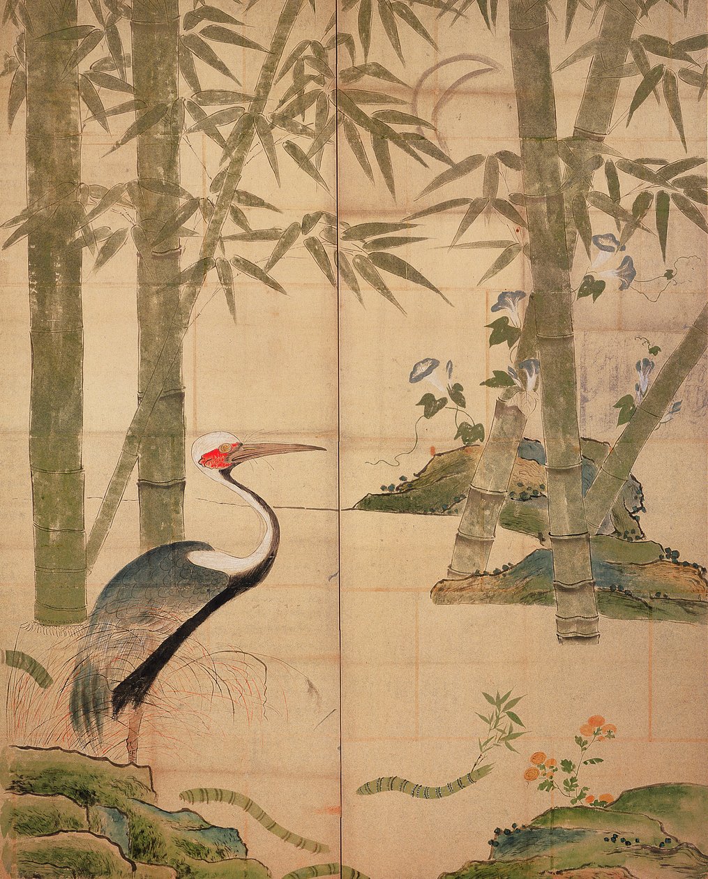 Bambus a jeřáb, období Edo (wc na panelu) od Japanese School