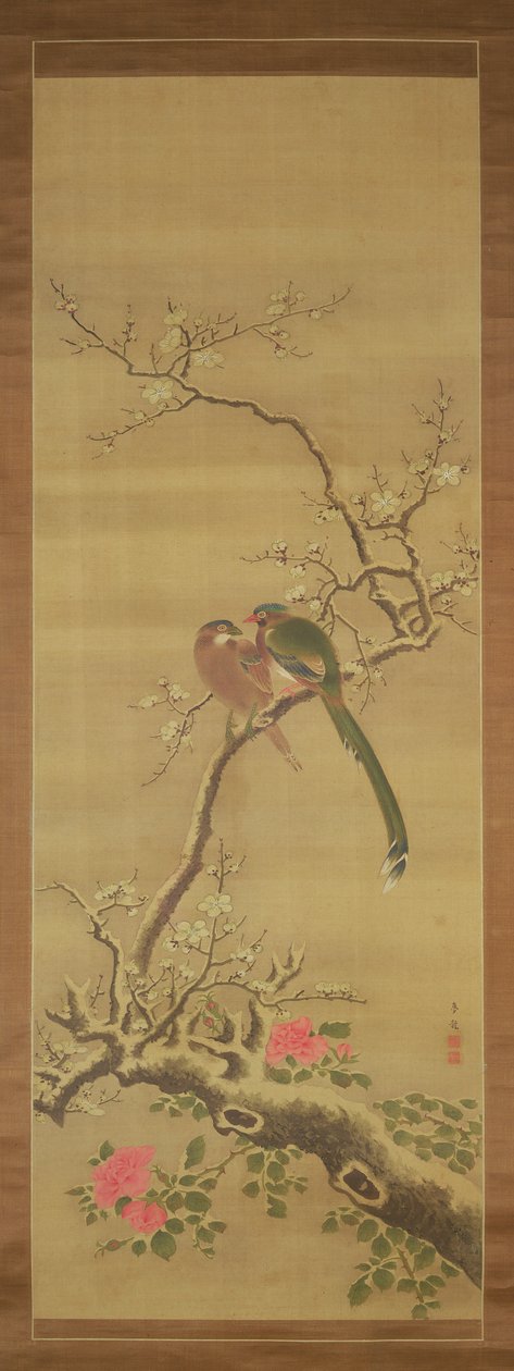 Ptáci na zasněžené větvi (tuš a barvy na hedvábí) od Japanese School