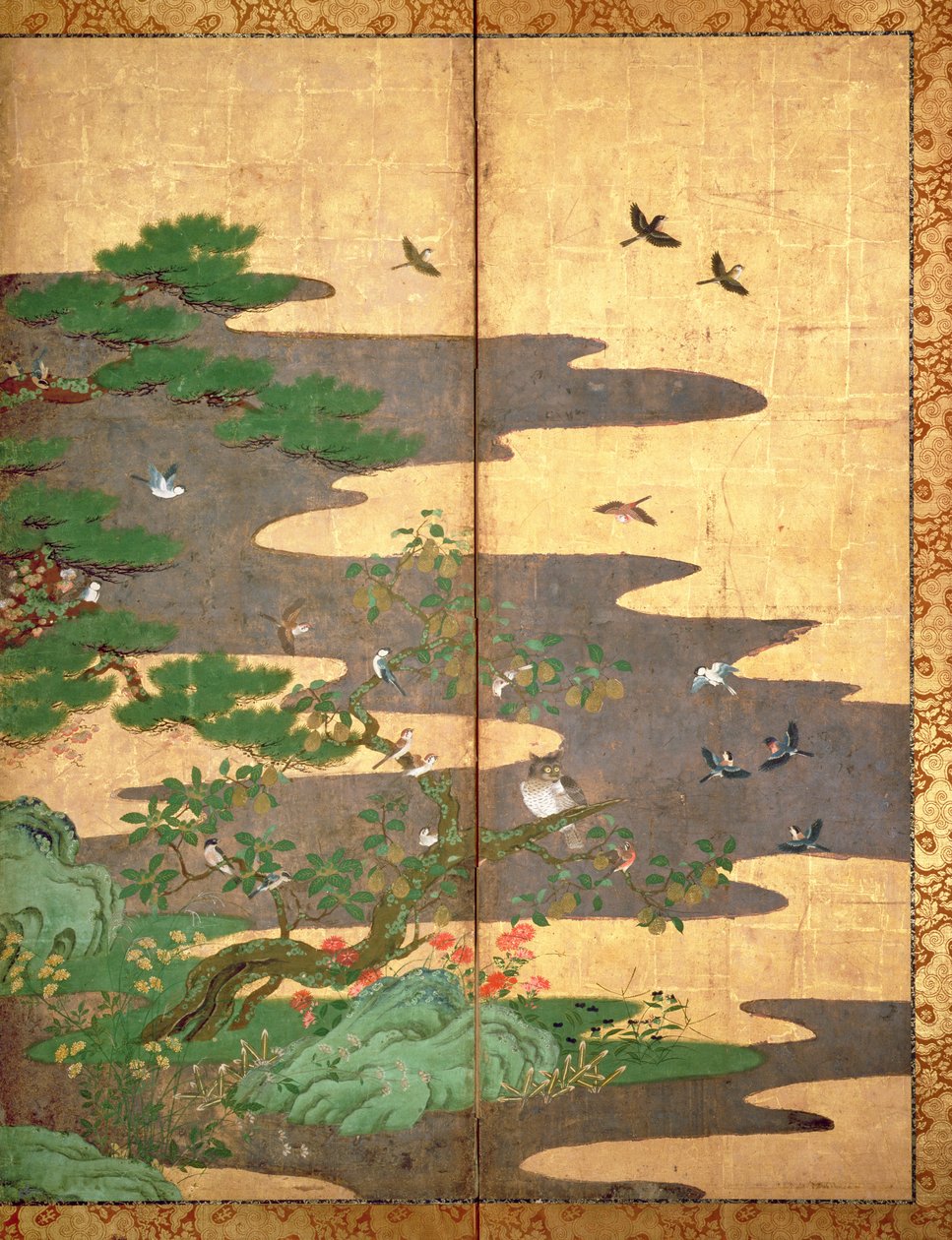 Ptáci s podzimními a zimními květinami (pero a inkoust, barevný a zlatý papír na panelu) (viz 216542, 216543, 216544) od Japanese School