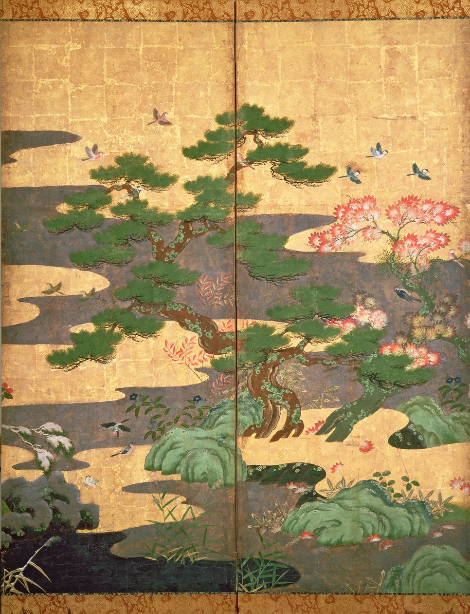 Ptáci s podzimními a zimními květinami (pero a inkoust, barevný a zlatý papír na panelu) (viz 216542, 216544, 216545) od Japanese School