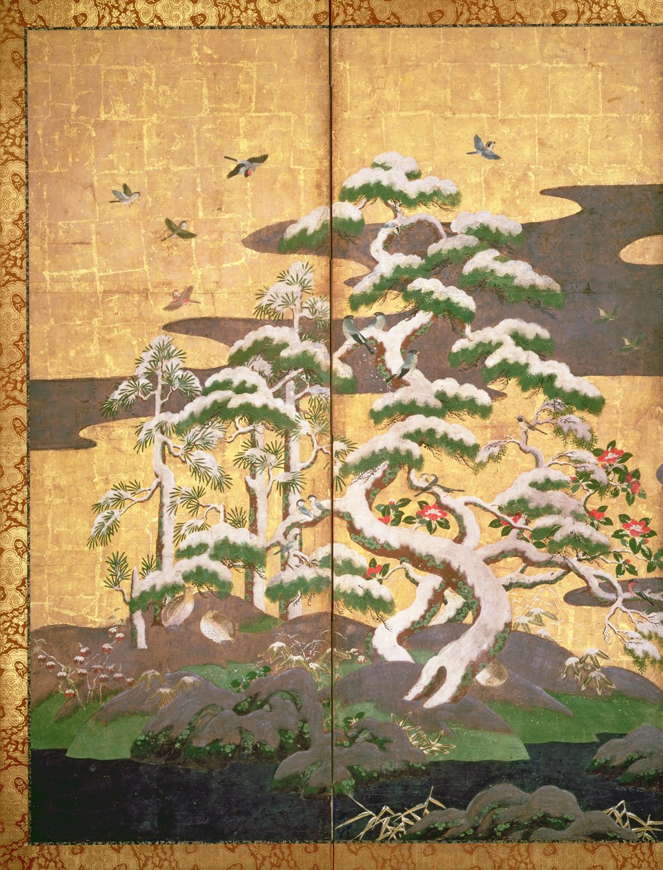 Ptáci s podzimními a zimními květinami (pero a inkoust, barevný a zlatý papír na panelu) (viz 216543, 216544, 216545) od Japanese School