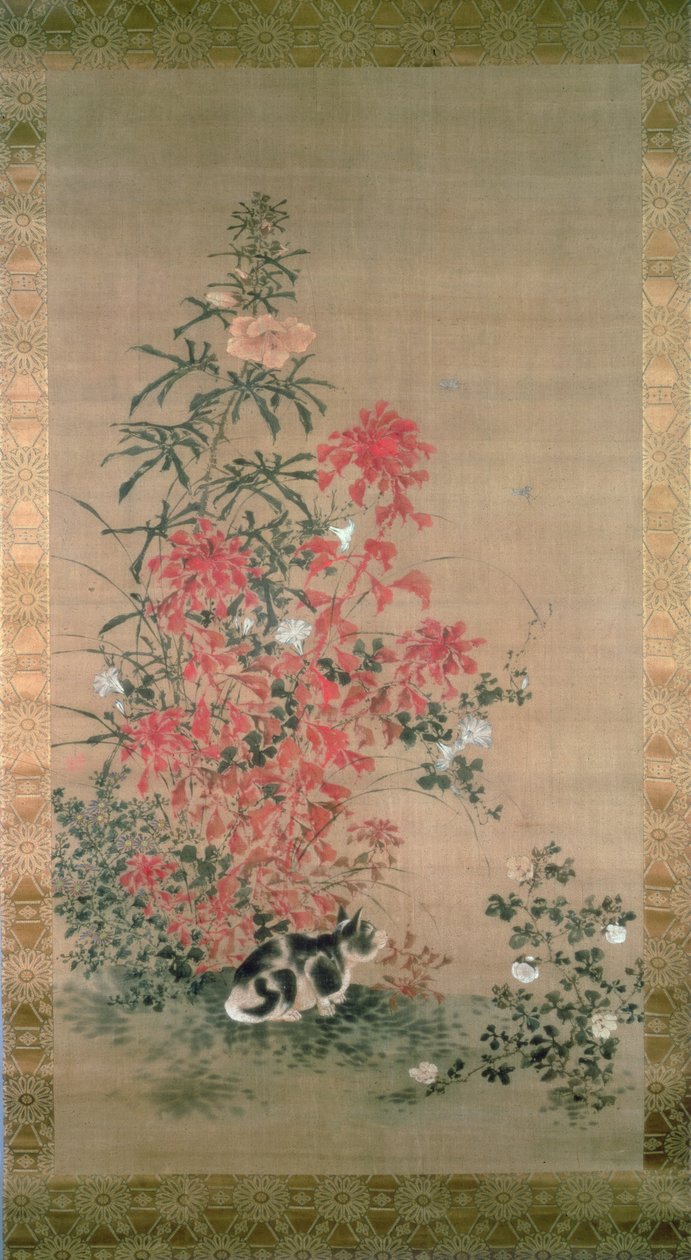 Kočka mezi květinami (tuš a barvy na hedvábí) od Japanese School