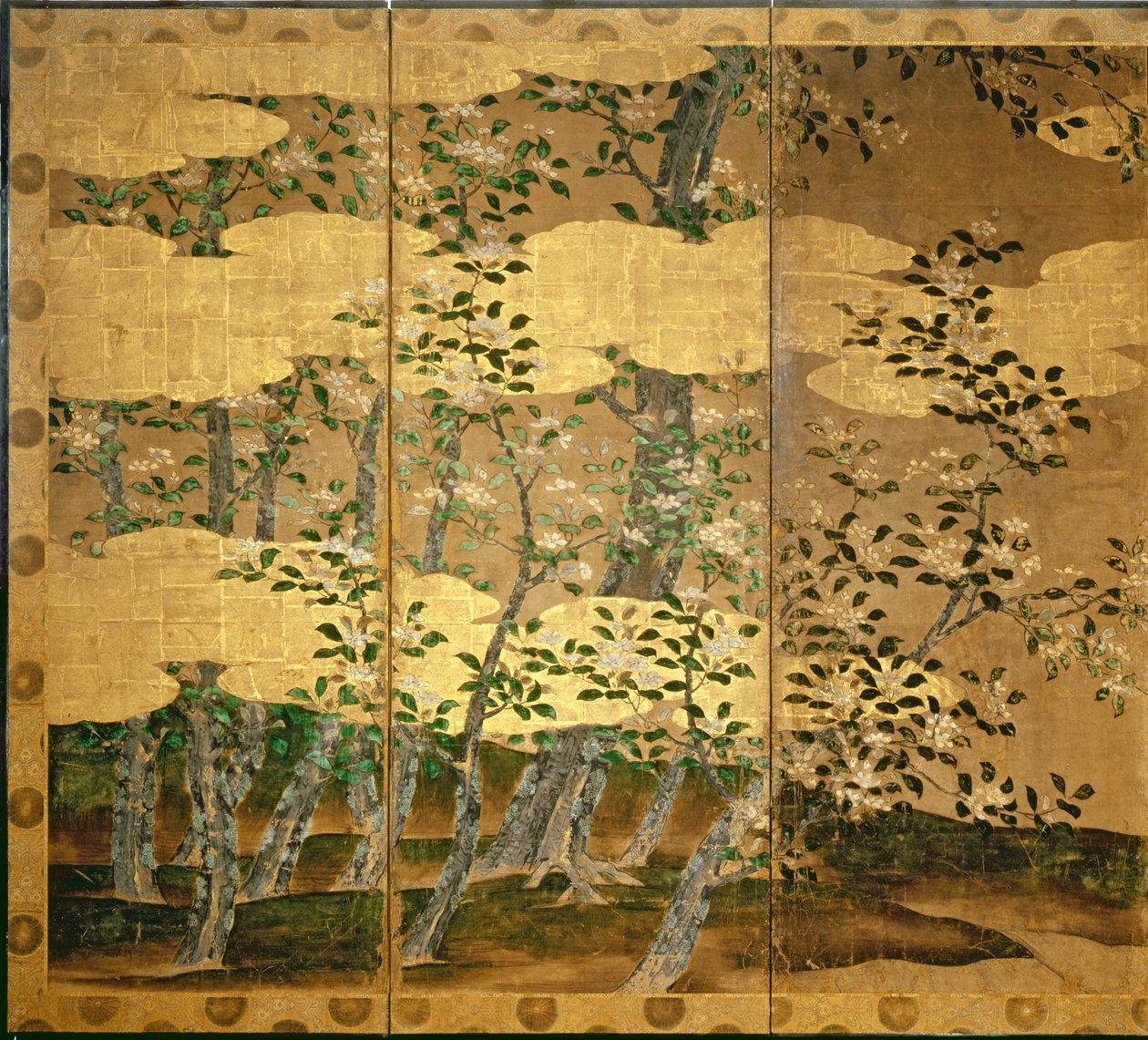 Květy kamélií (pero a inkoust, barva, zlatý papír na panelu) (viz 216566) od Japanese School