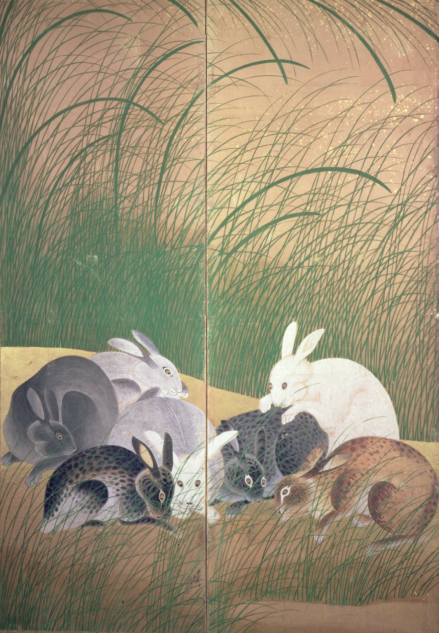 Zajíci a podzimní trávy, cca 1700 od Japanese School