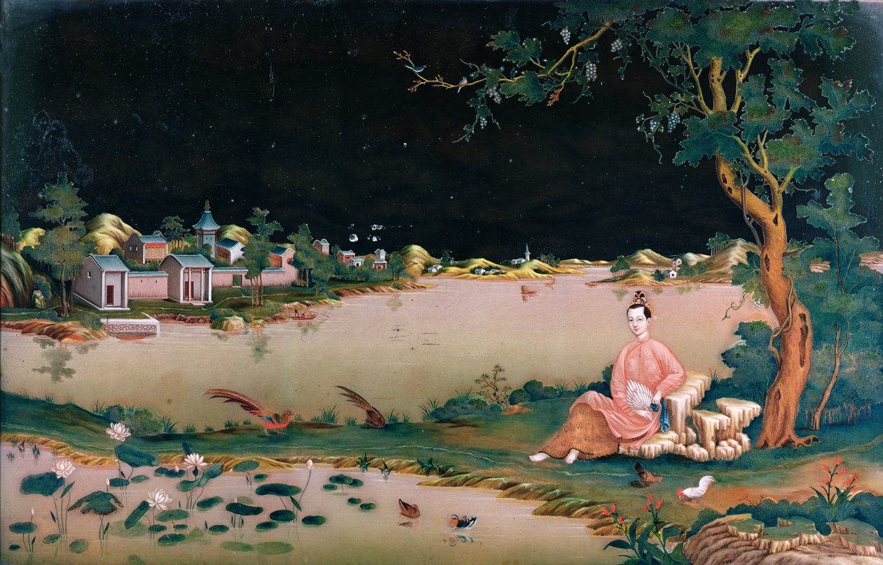 Japonská zrcadlová malba zobrazující sedící dívku, cca 1800 od Japanese School