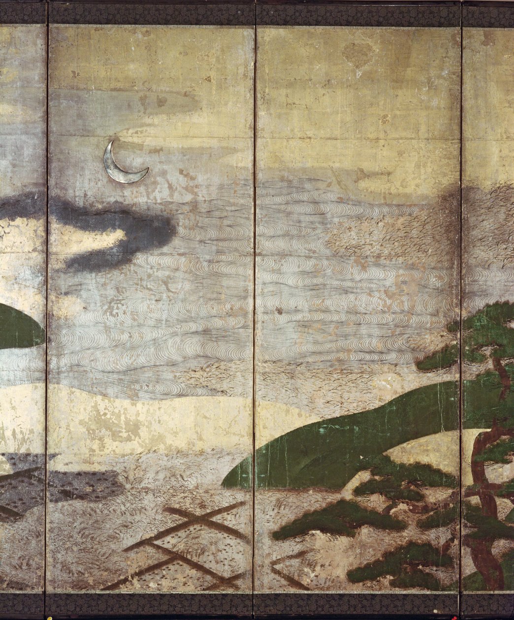 Moonlight Landscape (pero a inkoust, barva, zlatý papír na panelu) (viz 216573, 216575) od Japanese School