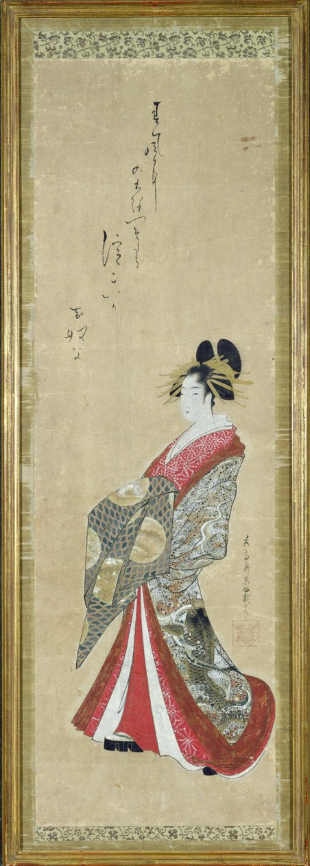 Portrét mladé kurtizány (pero a inkoust s praním na papíře) od Japanese School