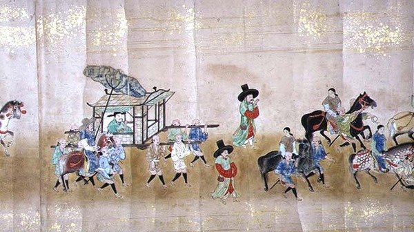 Šesté korejské velvyslanectví v Japonsku v Meireki 1 v době nástupnictví Tokugawa Ietsunas v roce 1651, pravděpodobně Kano Masunobu (1625-94) (svitková malba) (detail) (viz také 120834) od Japanese School