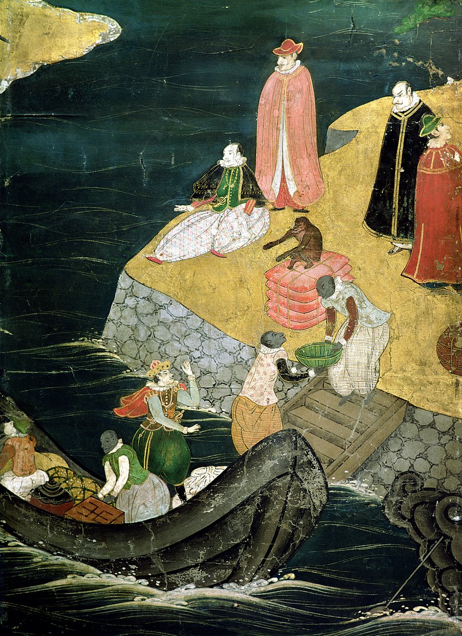 Příjezd Portugalců do Japonska, detail nakládání nákladu z obrazovky Namban Byobu, 1594-1618 od Japanese School