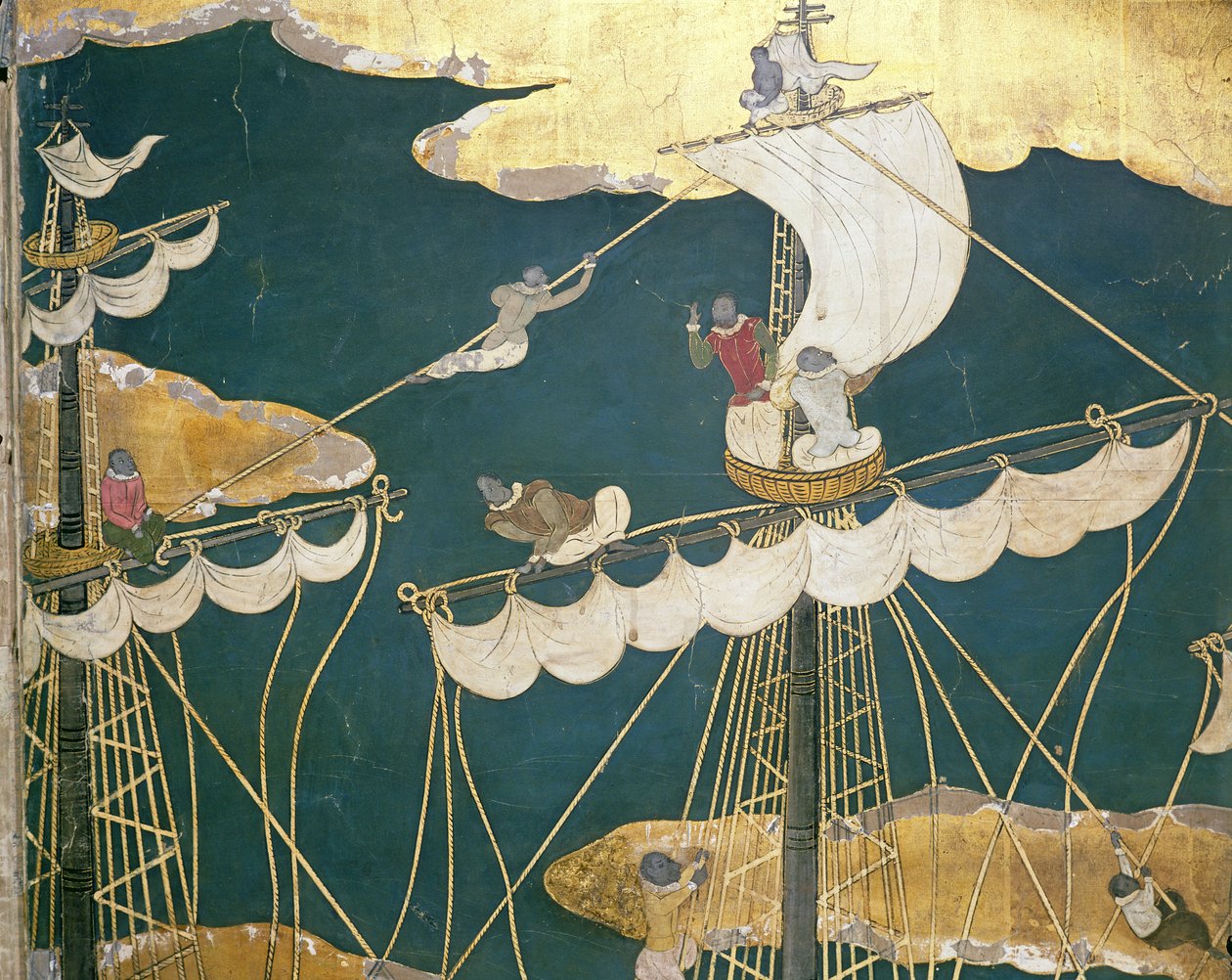 Příjezd Portugalců do Japonska, detail lodního stěžně a vraního hnízda, z obrazovky Namban Byobu, 1594-1618 od Japanese School