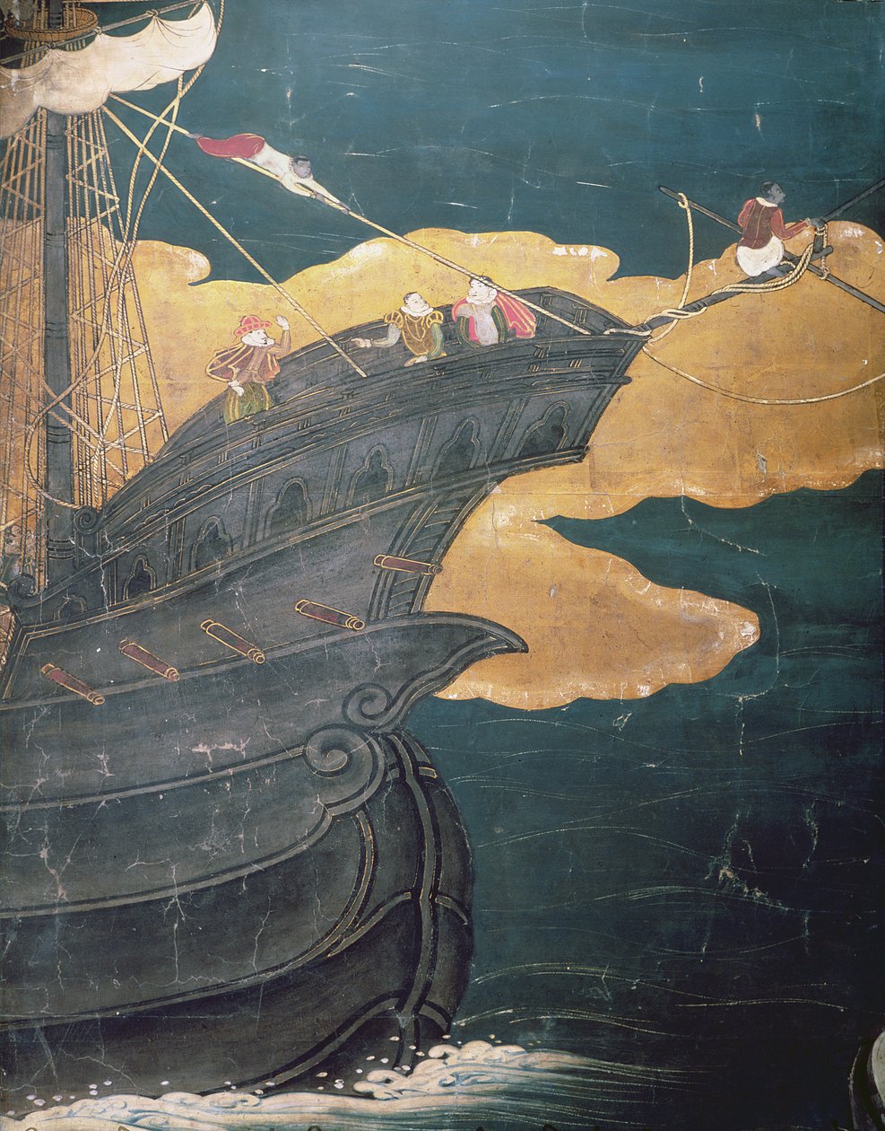 Příjezd Portugalců do Japonska, detail přídě lodi, z obrazovky Namban Byobu, 1594-1618 od Japanese School