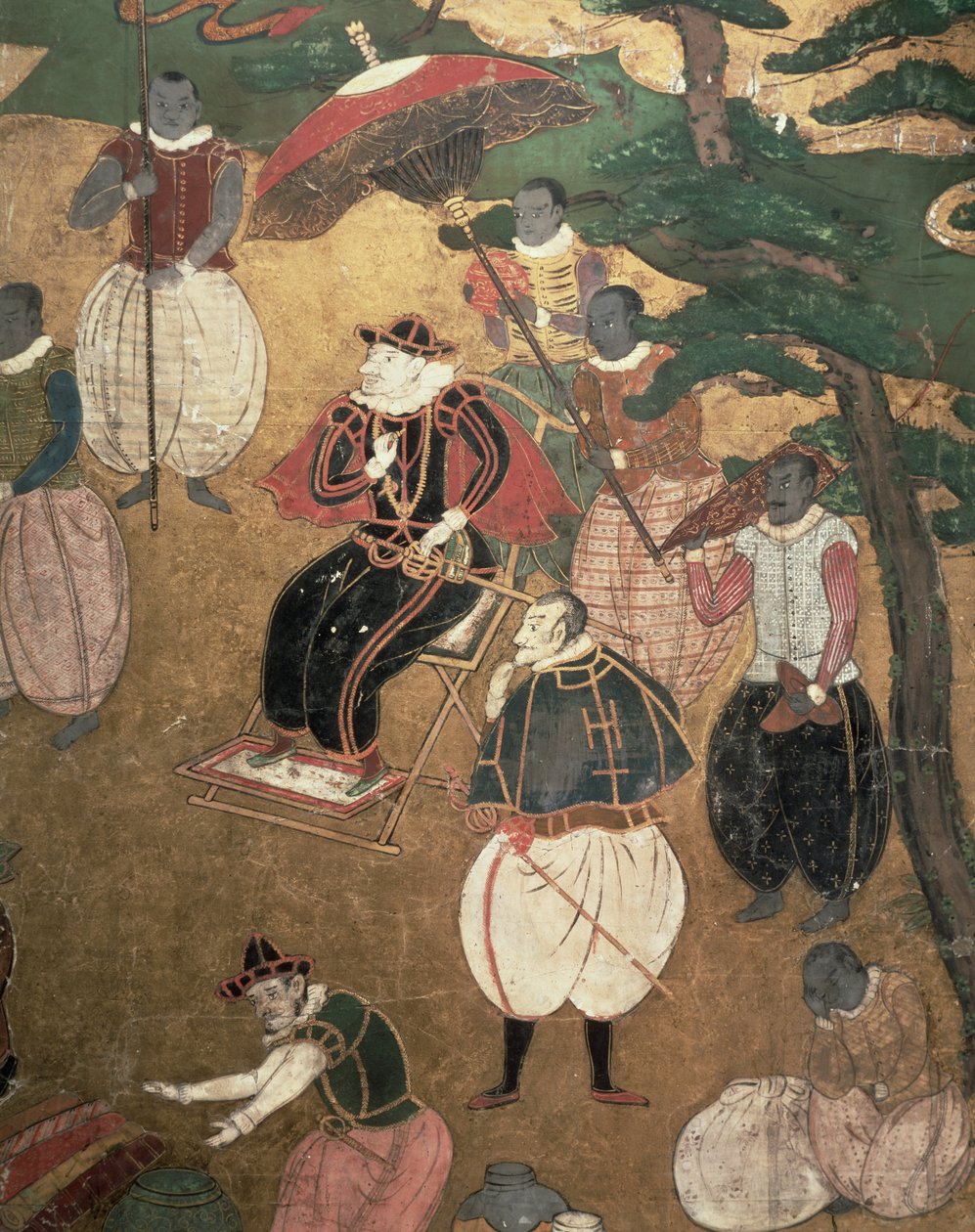 Příjezd Portugalců do Japonska, detail Portugalců velících k vylodění z obrazovky Namban Byobu, 1594-1618 od Japanese School